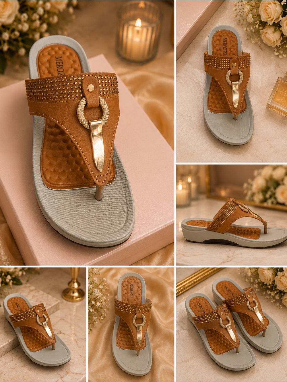 Women's Tan Embellished Thong Sandals